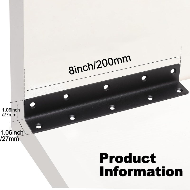 Redunest L Bracket, Heavy Duty Corner Brace, 10 Pack 8" Metal Shelf Bracket Angle Bracket for Shelves, Black Metal Braces for Wood, 200mm Overall Length - Image 2